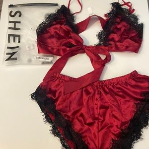 Red satin and lace pajama set
